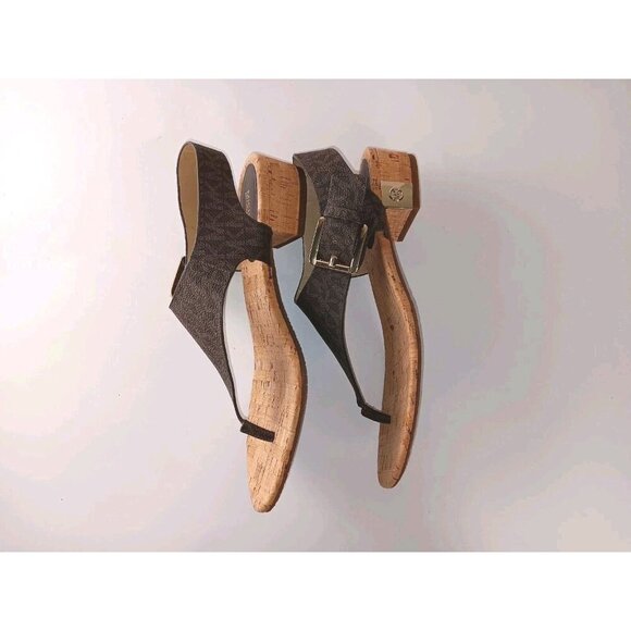 Michael Kors London Brown Logo Print  Thong Block Heel Slingback Sandals Sz 9M - Picture 5 of 8